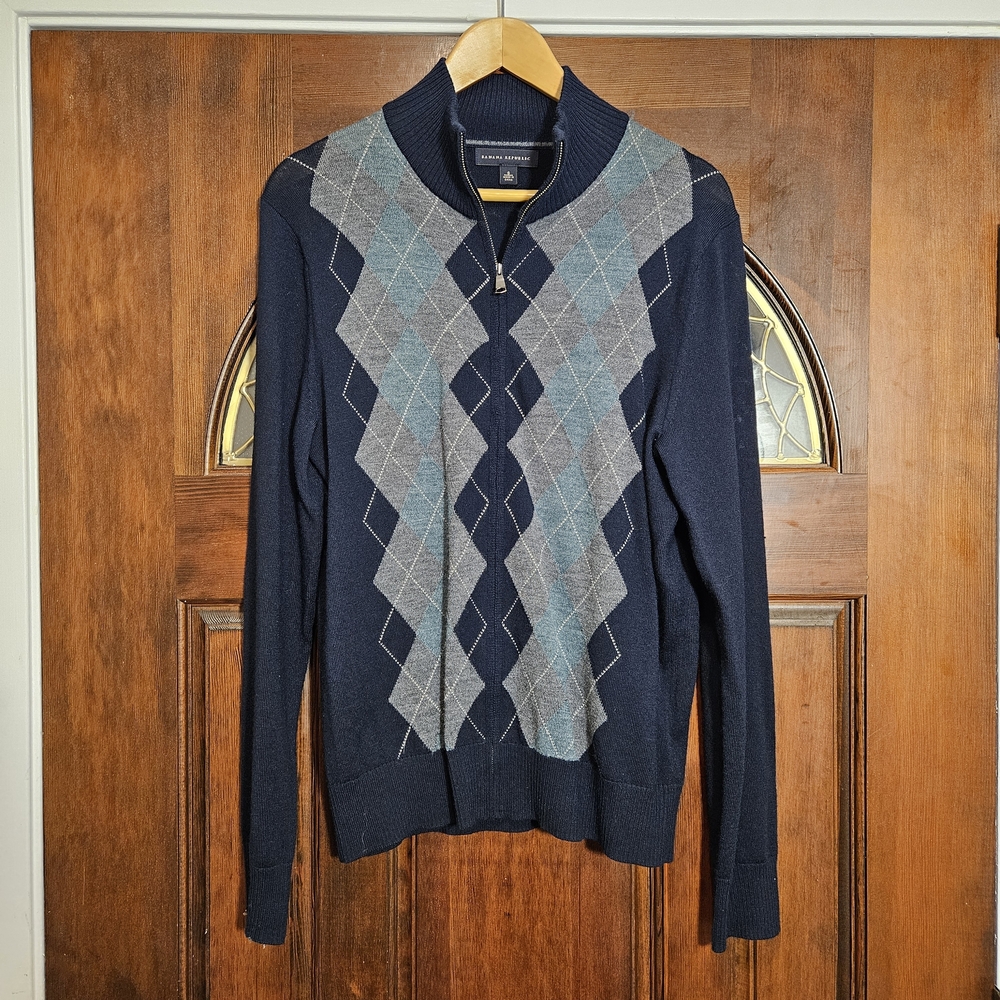 Banana Republic Argyle Zip Sweater | Wool Blend Knit Jacket | Men’s Small